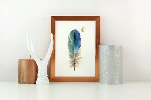 Image of a feather watercolor painting by Shayna Larsen, originals & prints available