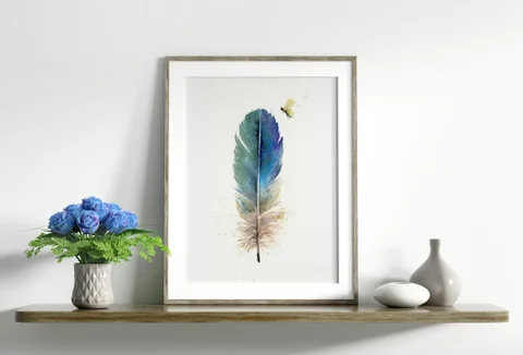Image of a feather watercolor painting by Shayna Larsen, originals & prints available