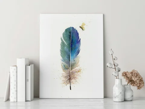 Image of a feather watercolor painting by Shayna Larsen, originals & prints available