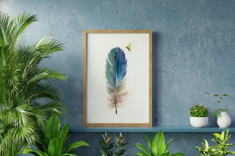 Image of a feather watercolor painting by Shayna Larsen, originals & prints available