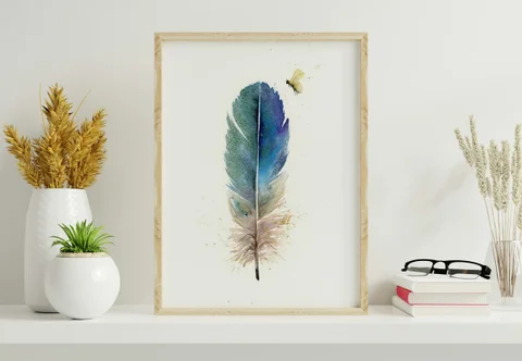 Image of a feather watercolor painting by Shayna Larsen, originals & prints available