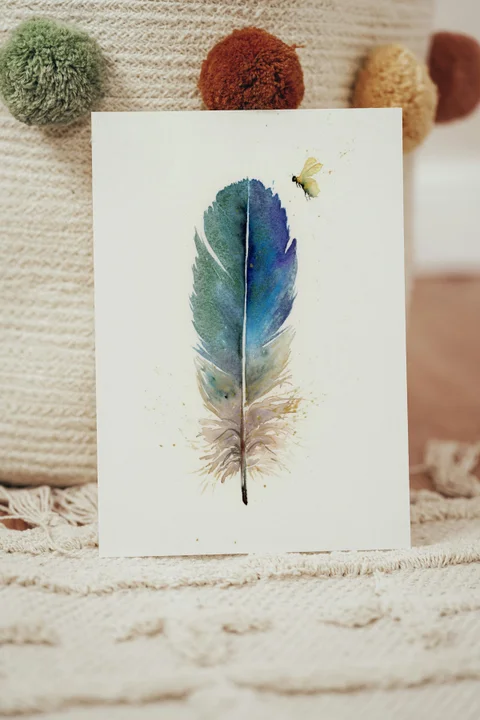 Image of a feather watercolor painting by Shayna Larsen, originals & prints available