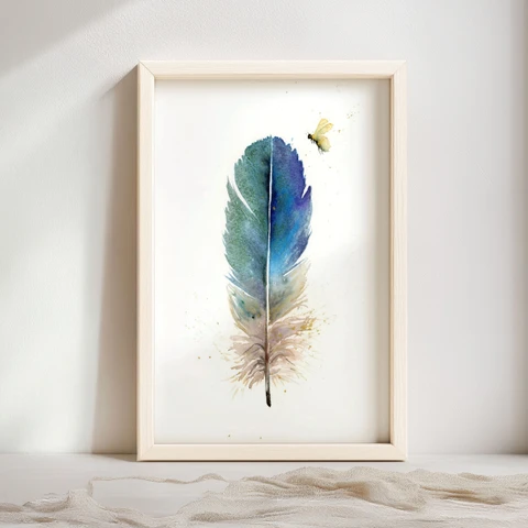 Image of a feather watercolor painting by Shayna Larsen, originals & prints available