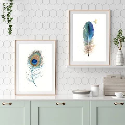 Image of a feather watercolor painting by Shayna Larsen, originals & prints available