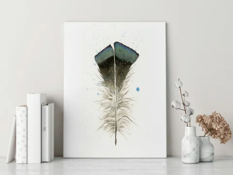 Image of a feather watercolor painting by Shayna Larsen, originals & prints available