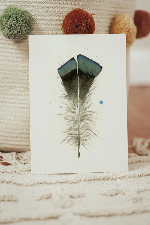 Image of a feather watercolor painting by Shayna Larsen, originals & prints available