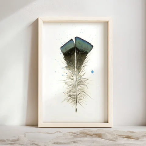 Image of a feather watercolor painting by Shayna Larsen, originals & prints available