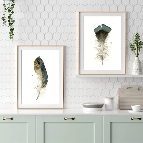 Image of a feather watercolor painting by Shayna Larsen, originals & prints available