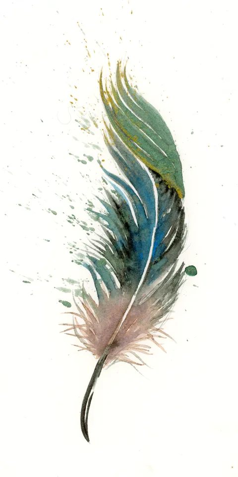 Image of a feather watercolor painting by Shayna Larsen, originals & prints available