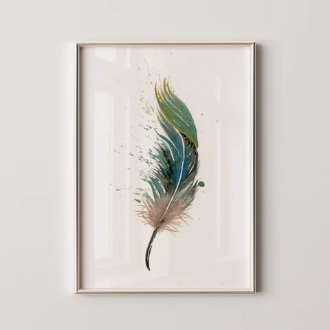 Image of a feather watercolor painting by Shayna Larsen, originals & prints available