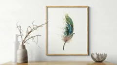 Image of a feather watercolor painting by Shayna Larsen, originals & prints available