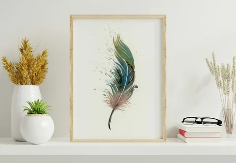 Image of a feather watercolor painting by Shayna Larsen, originals & prints available