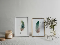Image of a feather watercolor painting by Shayna Larsen, originals & prints available