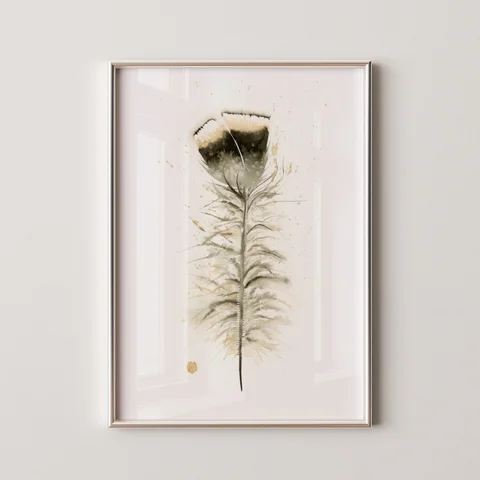 Image of a feather watercolor painting by Shayna Larsen, originals & prints available