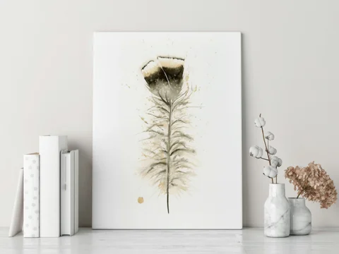 Image of a feather watercolor painting by Shayna Larsen, originals & prints available