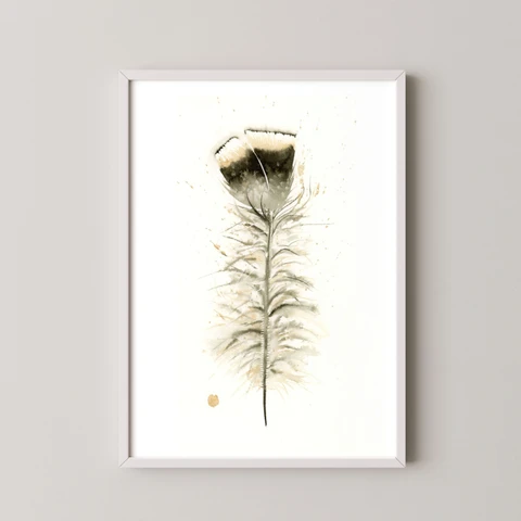 Image of a feather watercolor painting by Shayna Larsen, originals & prints available