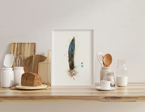 Image of a feather watercolor painting by Shayna Larsen, originals & prints available