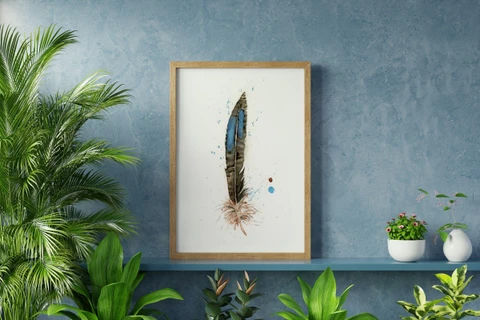Image of a feather watercolor painting by Shayna Larsen, originals & prints available
