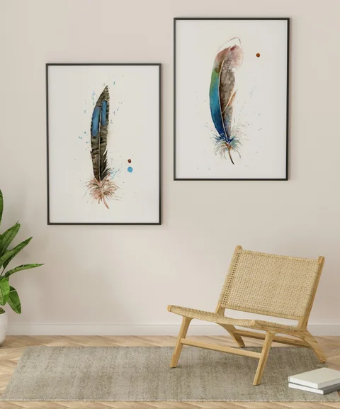 Image of a feather watercolor painting by Shayna Larsen, originals & prints available