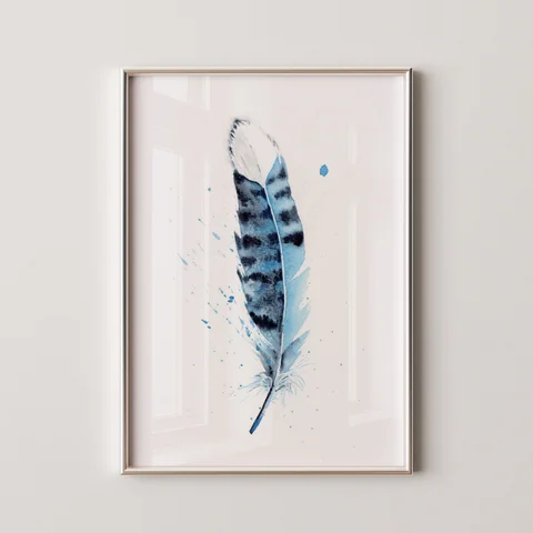 Image of a feather watercolor painting by Shayna Larsen, originals & prints available