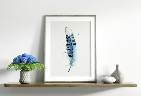Image of a feather watercolor painting by Shayna Larsen, originals & prints available