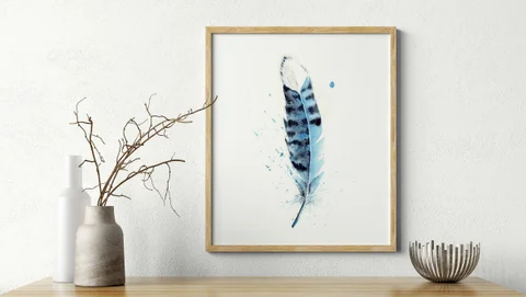 Image of a feather watercolor painting by Shayna Larsen, originals & prints available