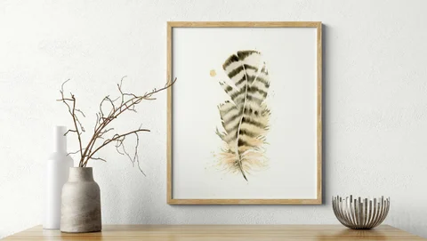 Image of a feather watercolor painting by Shayna Larsen, originals & prints available