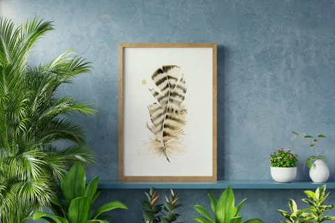 Image of a feather watercolor painting by Shayna Larsen, originals & prints available