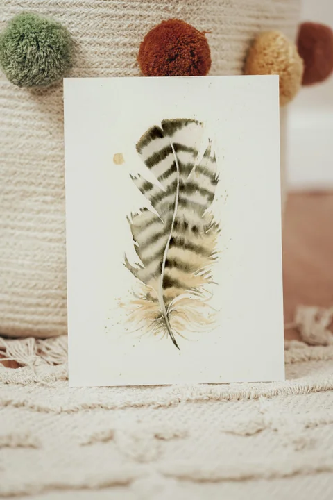 Image of a feather watercolor painting by Shayna Larsen, originals & prints available