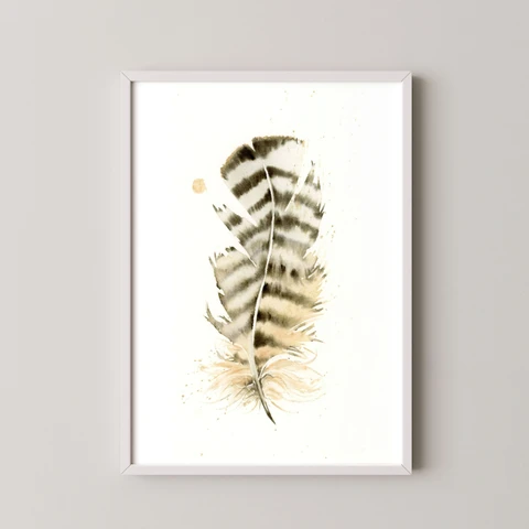 Image of a feather watercolor painting by Shayna Larsen, originals & prints available