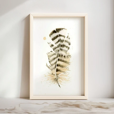Image of a feather watercolor painting by Shayna Larsen, originals & prints available