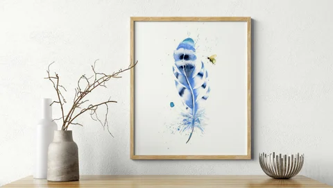 Image of a feather watercolor painting by Shayna Larsen, originals & prints available