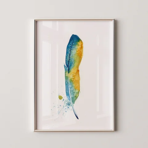 Image of a feather watercolor painting by Shayna Larsen, originals & prints available