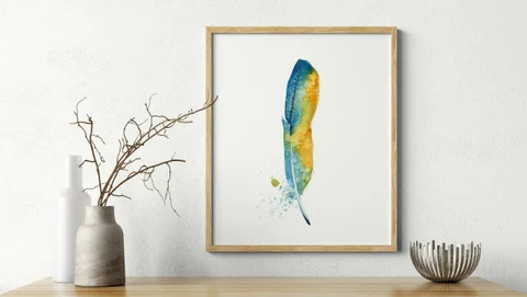 Image of a feather watercolor painting by Shayna Larsen, originals & prints available