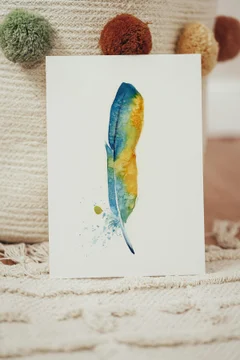Image of a feather watercolor painting by Shayna Larsen, originals & prints available