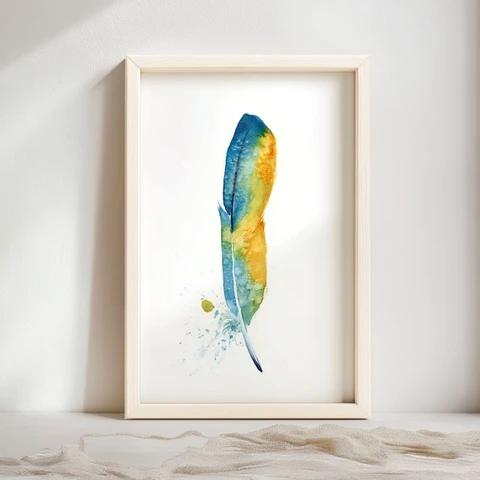 Image of a feather watercolor painting by Shayna Larsen, originals & prints available