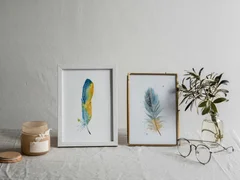 Image of a feather watercolor painting by Shayna Larsen, originals & prints available