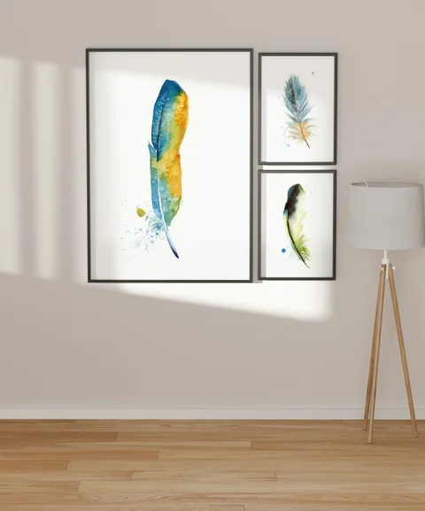 Image of a feather watercolor painting by Shayna Larsen, originals & prints available