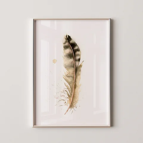 Image of a feather watercolor painting by Shayna Larsen, originals & prints available