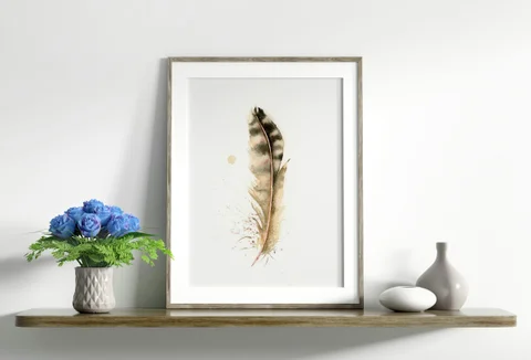 Image of a feather watercolor painting by Shayna Larsen, originals & prints available