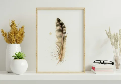 Image of a feather watercolor painting by Shayna Larsen, originals & prints available