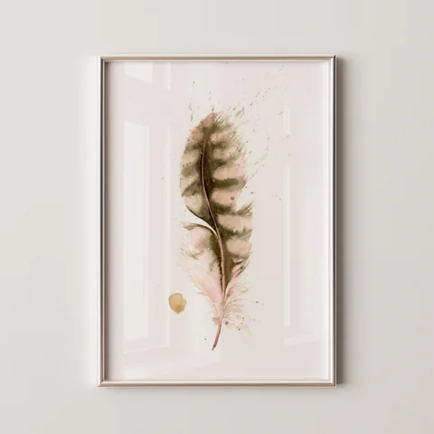 Image of a feather watercolor painting by Shayna Larsen, originals & prints available