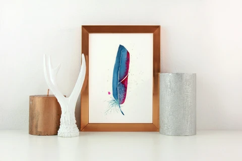 Image of a feather watercolor painting by Shayna Larsen, originals & prints available