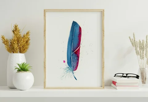 Image of a feather watercolor painting by Shayna Larsen, originals & prints available