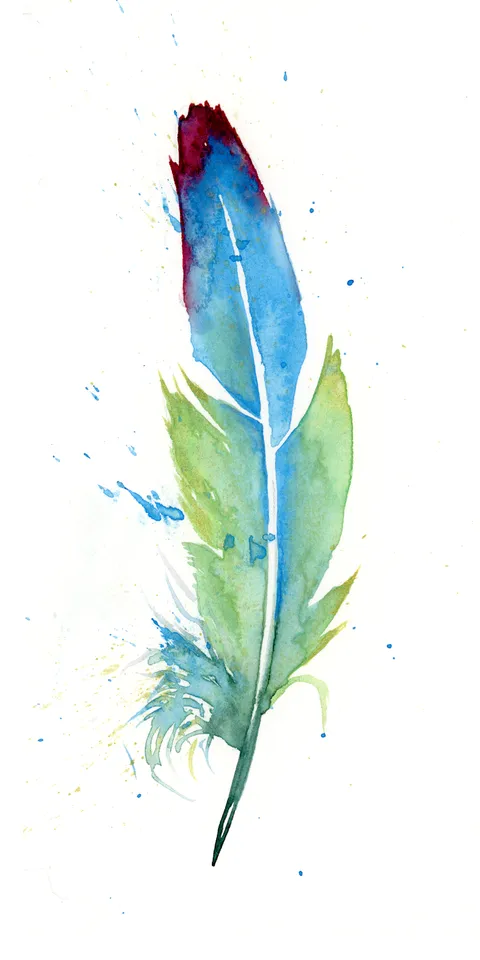 Image of a feather watercolor painting by Shayna Larsen, originals & prints available