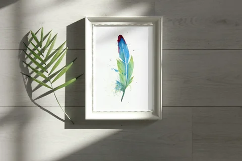 Image of a feather watercolor painting by Shayna Larsen, originals & prints available