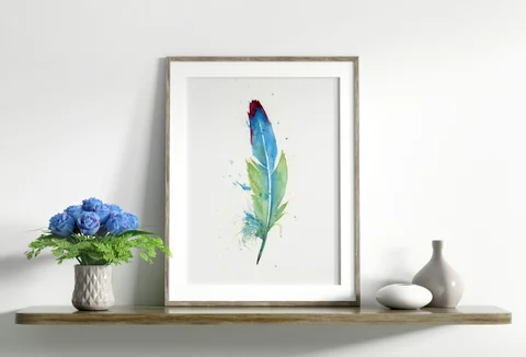 Image of a feather watercolor painting by Shayna Larsen, originals & prints available