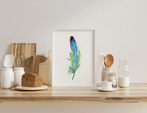 Image of a feather watercolor painting by Shayna Larsen, originals & prints available