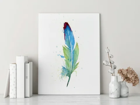 Image of a feather watercolor painting by Shayna Larsen, originals & prints available