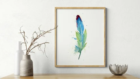 Image of a feather watercolor painting by Shayna Larsen, originals & prints available